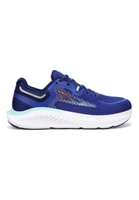 Scarpa da corsa blu con tomaia in mesh traspirante, motivo testurizzato, intersuola bianca imbottita e dettagli della suola aqua a contrasto.