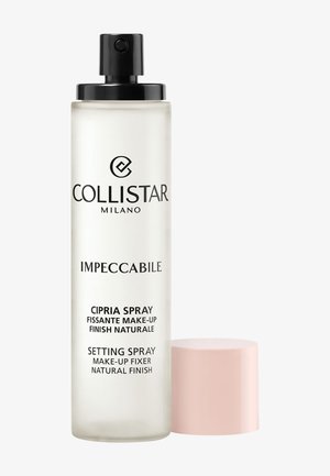 Collistar Impeccabile setting spray-flaske med sort spraydyse og fjernet lyserød låg mod en lys baggrund.