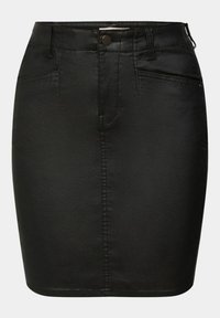 Mini-jupe noire en similicuir avec fermeture à boutons et zip devant, passants pour ceinture et poches avant, coupe slim.