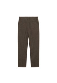 Brown checkered trousers with a relaxed fit, featuring a plain waistband and two back pockets. Smooth texture, tailored design.