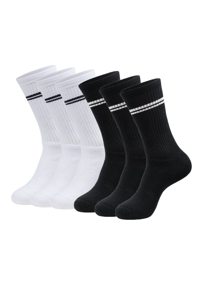 Baumwollcrew-Socken, zwei Paare in Weiß und zwei in Schwarz. Jedes Paar verfügt über eine gerippte Textur und kontrastierende Streifen am oberen Rand.