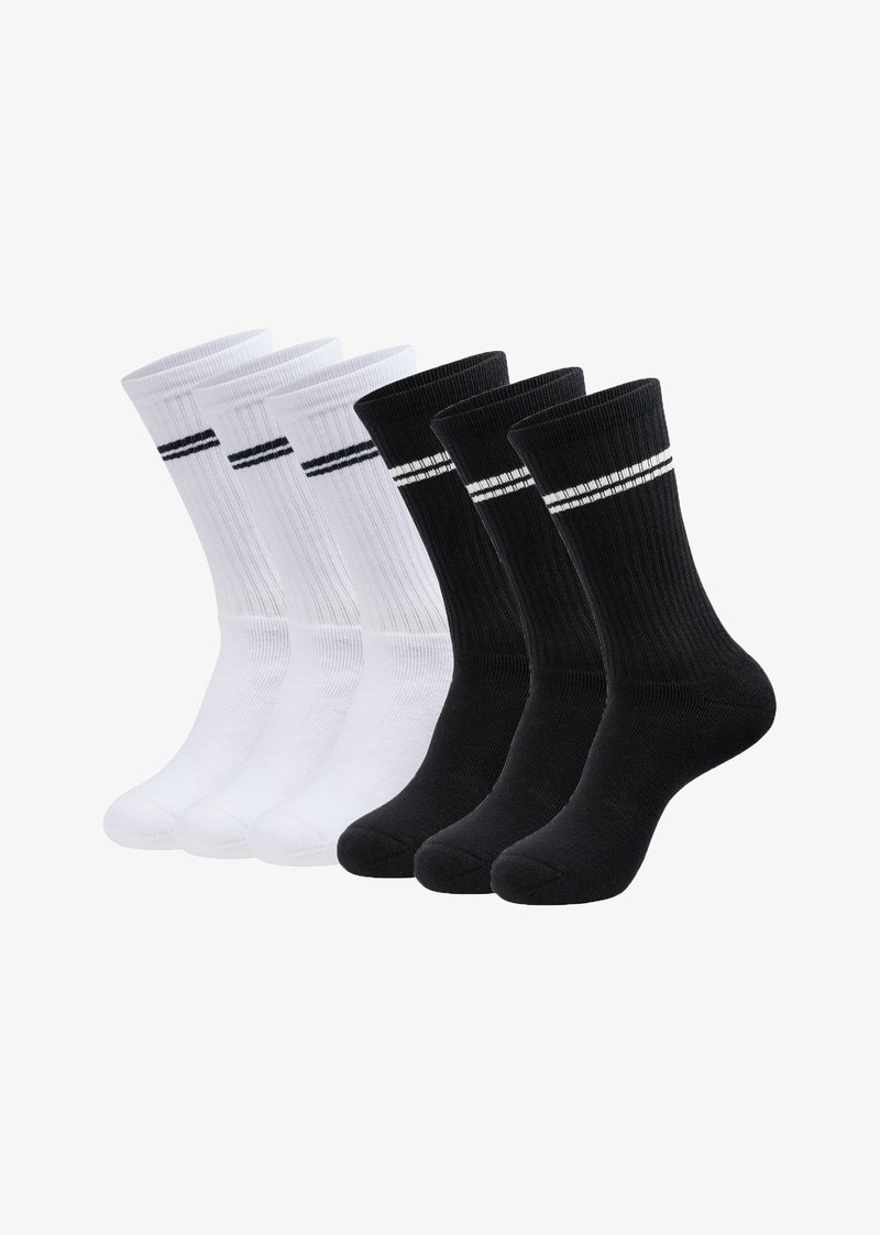 Calzini in cotone a manica corta, due paia in bianco e due in nero. Ogni paio presenta una texture a coste e strisce a contrasto nella parte superiore.