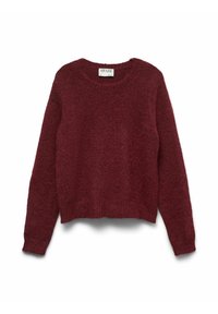 Bordeauxfarbener Strickpullover mit rundem Halsausschnitt, langen Ärmeln und cropped Saum. Texturierte Oberfläche mit weichem Erscheinungsbild. Markenlabel sichtbar.