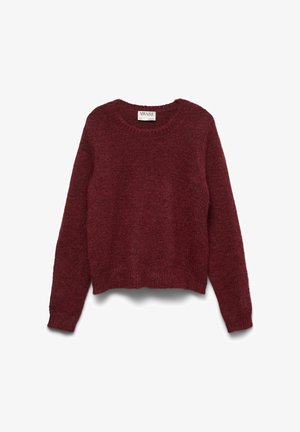 Bordo adīts džemperis ar apaļu kakla izgriezumu, gariem piedurknēm un saīsinātu apakšmalu. Faktūras apdare ar mīkstu izskatu. Redzama zīmola etiķete.