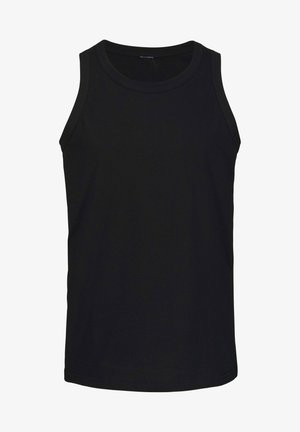Black tank top made of cotton. Features a round neckline and sleeveless design. Smooth texture and straight cut at the hem.