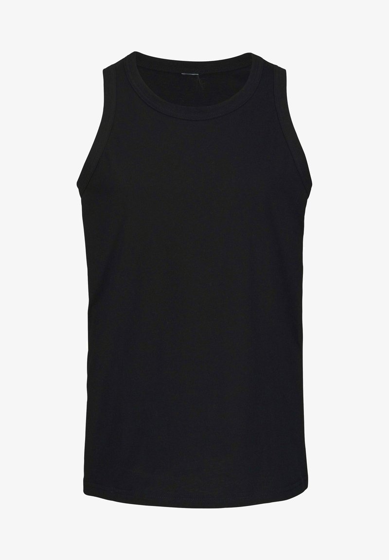 Black tank top made of cotton. Features a round neckline and sleeveless design. Smooth texture and straight cut at the hem.