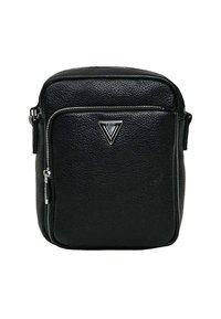 Borsa a tracolla in pelle nera con trama, con tasca frontale con zip e piastra triangolare argentata con logo "GAUDI".