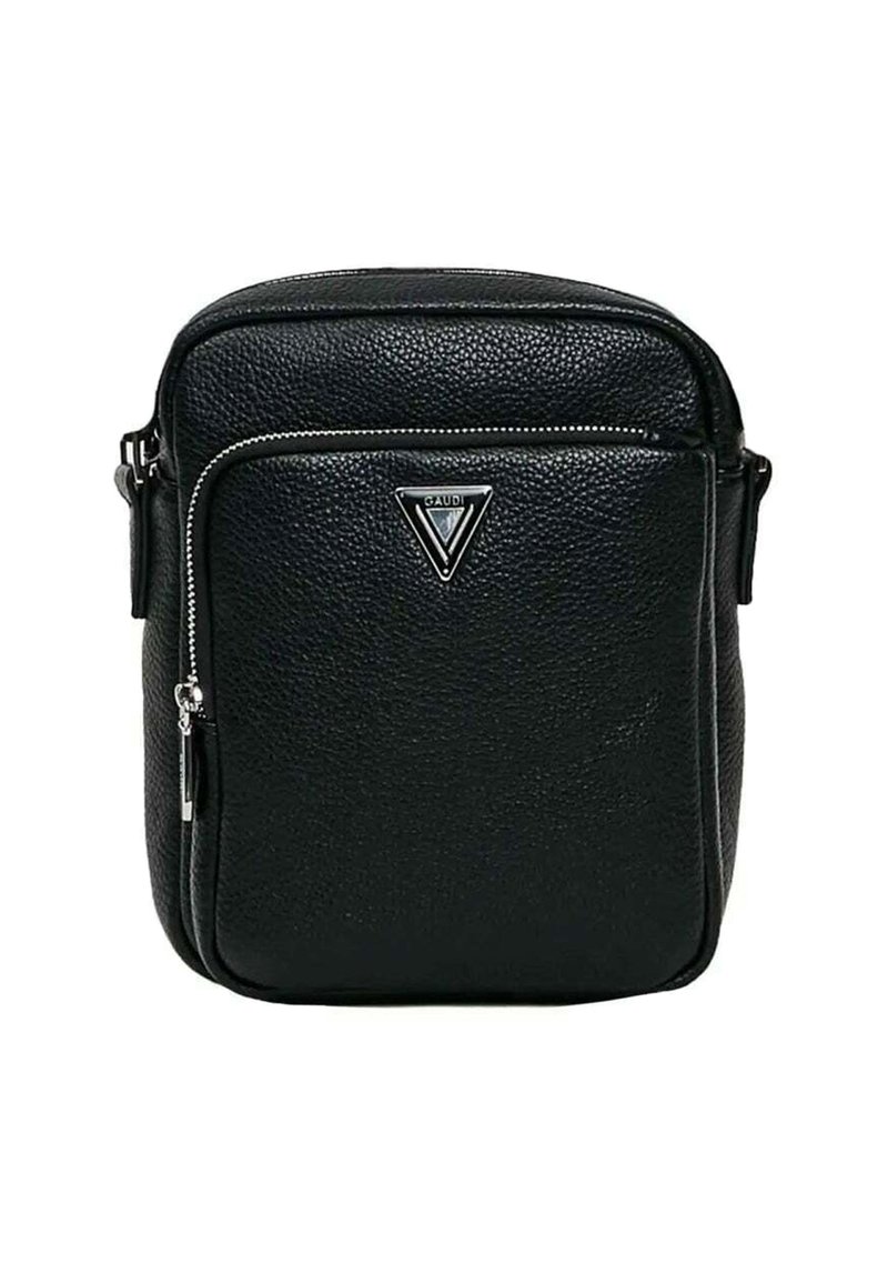 Borsa a tracolla in pelle nera con trama, con tasca frontale con zip e piastra triangolare argentata con logo "GAUDI".