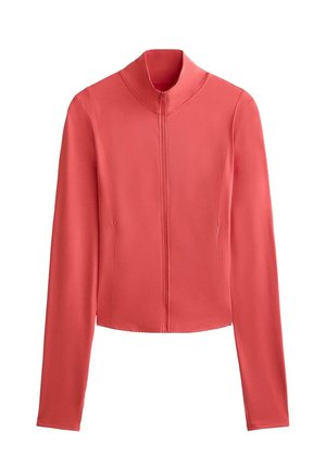 Koralna zip-up jakna z visokim ovratnikom, dolgimi rokavi in prilegnjenim krojem. Gladka tekstura z stranskimi žepi.