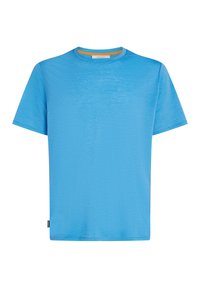 T-shirt di cotone di un brillante colore blu, con collo rotondo e accento arancione, maniche corte, vestibilità comoda, texture liscia e design semplice.