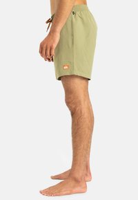 Lysegrønne badeshorts lavet af letvægtsstof, med elastisk talje, indbygget snøre og et logo-patch på siden.