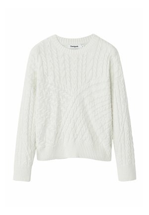 Maglione bianco a maglia intrecciata con scollatura rotonda, caratterizzato da motivi testurizzati e polsini e orlo a coste. Realizzato in morbido materiale a maglia.