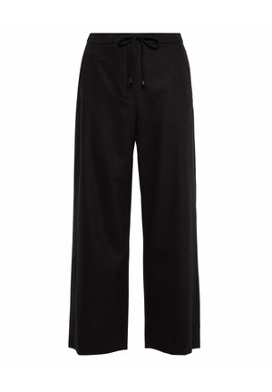 Pantaloni neri a gamba larga con vita regolabile. Realizzati in un tessuto morbido, presentano tasche laterali e una vestibilità rilassata.
