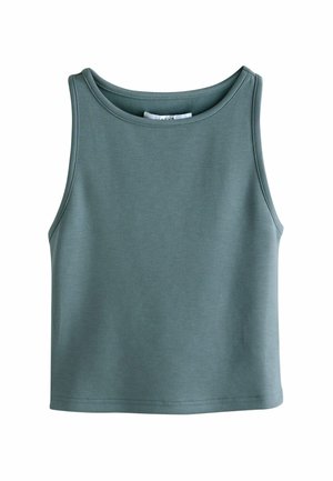 Minti zaļš bez piedurknēm tops no gludas, elastīgas auduma. Ievērības cienīgas apli kakla izgriezums un taisna apakšmala, piemērota ikdienas valkāšanai.