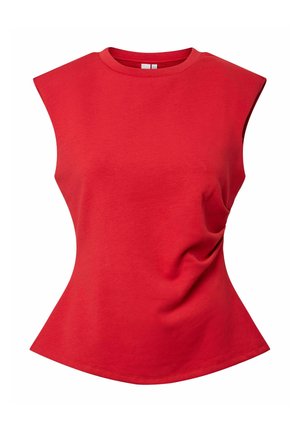 Rød ærmeløs top med rund halsudskæring og let drapering på højre side, skræddersyet i taljen for en tætsiddende pasform.