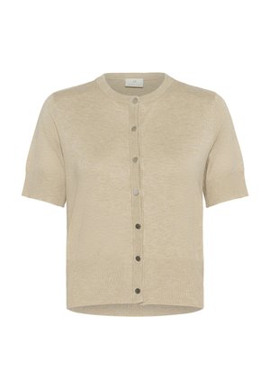 Beige short-sleeve cardigan made of lightweight knit fabric featuring a round neckline and six button closures down the front.