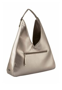 Metallic hobo bag with a spacious interior, featuring a single shoulder strap, an exterior zip pocket, and a smooth, shiny texture.
