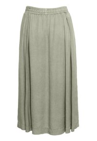 Lichtgroene, geplooide midi-rok met een elastische tailleband, gemaakt van een zachte stof. Heeft een gladde textuur en hangt losjes.