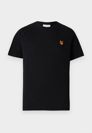 Black cotton T-shirt featuring a small embroidered fox head on the left chest, short sleeves, and a crew neckline.