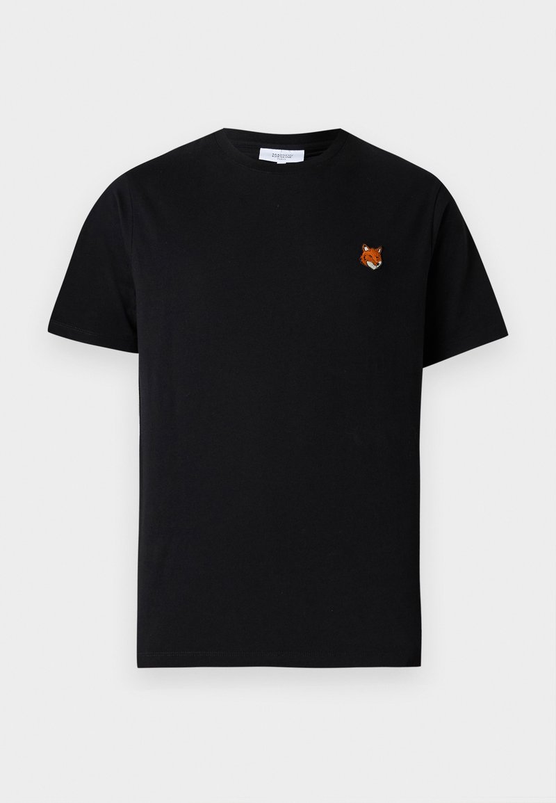 Black cotton T-shirt featuring a small embroidered fox head on the left chest, short sleeves, and a crew neckline.