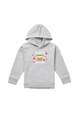 Light gray hooded sweatshirt with front pocket, featuring green cartoon character with big eyes surrounded by red hearts and text "You make my heart Grogu."