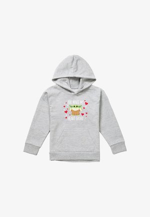 Hellgrauer Kapuzenpullover mit Fronttasche, darauf ein grüner Cartoon-Charakter mit großen Augen, umgeben von roten Herzen und dem Text "Du machst mein Herz Grogu."