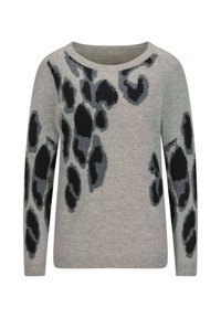 Maglione grigio con maniche lunghe, caratterizzato da un motivo leopardato nero e grigio. Tessuto morbido, scollatura tonda e polsini a coste.
