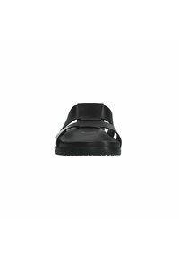 Black slide sandal with two wide straps, flat sole, and minimalistic design. Material appears smooth with a matte finish.