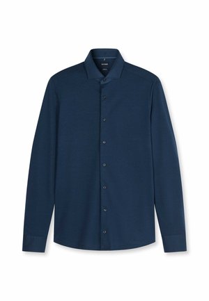 Camicia da uomo blu navy a maniche lunghe con colletto classico e bottoni visibili sul davanti.