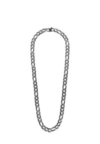 Metaalketting met een zwarte afwerking, met grote in elkaar grijpende schakel en een veilige sluiting. Gladde textuur en uniform ontwerp.
