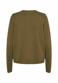 Olivgrön långärmad stickad tröja med rund halsringning som visas bakifrån på en vit bakgrund.