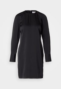 Schwarzes, langärmeliges Satinkleid mit geknöpften Ärmeln, Rundhalsausschnitt und Reißverschluss hinten, mit Calvin Klein-Label im Inneren.