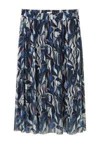 Gonna midi a stampa floreale in blu, bianco e rosso; realizzata in tessuto leggero con vita elasticizzata e design plissettato.
