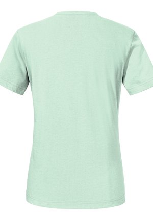 Minzgrünes T-Shirt mit kurzen Ärmeln, aus Baumwolle, mit klassischem Rundhalsausschnitt und einer einfachen, glatten Textur. Keine sichtbaren Drucke oder Verzierungen.