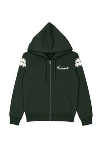 Felpa verde con zip realizzata in tessuto morbido, dotata di cappuccio, due tasche anteriori e righe bianche sulle maniche con logo "Trussardi".