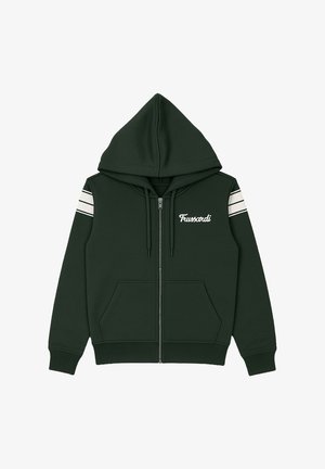 Felpa verde con zip realizzata in tessuto morbido, dotata di cappuccio, due tasche anteriori e righe bianche sulle maniche con logo "Trussardi".