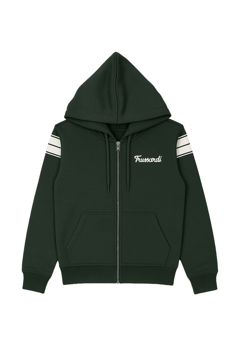 Felpa verde con zip realizzata in tessuto morbido, dotata di cappuccio, due tasche anteriori e righe bianche sulle maniche con logo "Trussardi".