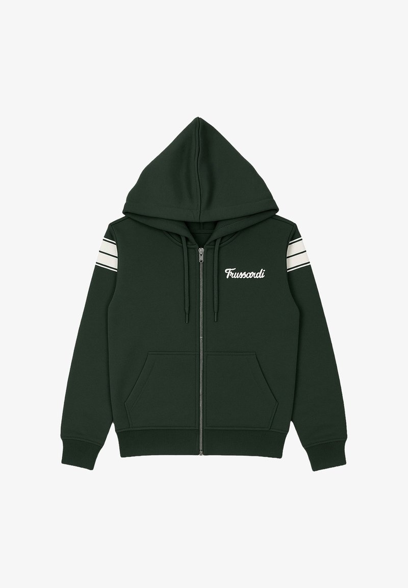 Felpa verde con zip realizzata in tessuto morbido, dotata di cappuccio, due tasche anteriori e righe bianche sulle maniche con logo "Trussardi".