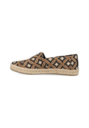 Espadrille-style shoes with a patterned fabric upper in black, cream, and brown tones, featuring a jute rope sole and closed back.