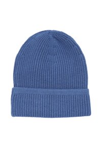 Beanie blu in maglia a coste con risvolto. Realizzato in materiale morbido, presenta un motivo testurizzato e una forma aderente.