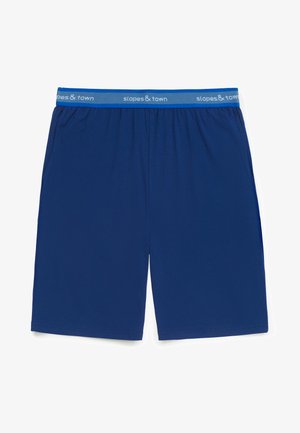 Marineblauwe katoenen shorts met een elastische tailleband, voorzien van een lichtblauwe merkband en een gladde textuur. Geen zakken of patronen aanwezig.