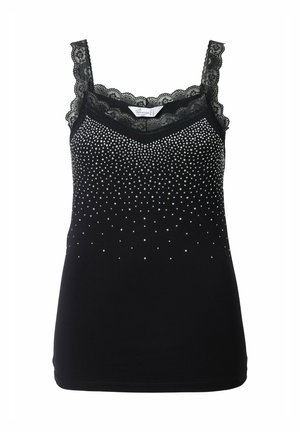 Top nero senza maniche con pizzo e spalline regolabili. Decorato con strass trasparenti in un motivo a gradiente verso il fondo.