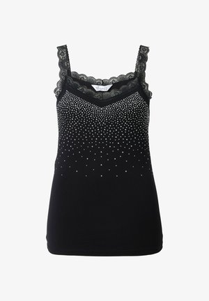 Schwarzes Tanktop mit Spitzenbesatz und verstellbaren Trägern. Mit klaren Rhinestones in einem Verlaufsmuster zum unteren Rand hin dekoriert.