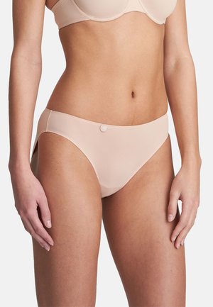 Beige bikini bottom made from smooth fabric, featuring a moderate cut, minimal stitching, and a small decorative button on the side.