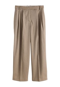 Pantaloni beige a gamba larga con tessuto strutturato, caratterizzati da pieghe frontali, una cintura liscia e senza chiusure o tasche visibili.