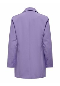 Vue arrière d'un blazer lavande sur mesure à manches longues avec col et couture centrale au dos.