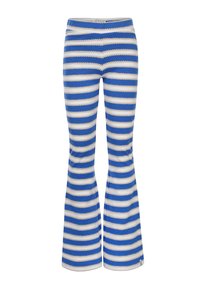 Gestreepte flared broek met afwisselend blauwe en witte strepen, een textuurgebreide stof en een aansluitende taille met een gladde afwerking.