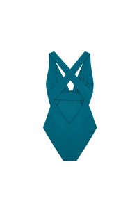 Tyrkysový jednodílný plavky s designem křížového zadního užití, geometrickými výřezy a hladkým, elastickým materiálem pro pohodlí.