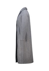 Lang grijs wollen jasje met kraag en zijzakken, van de zijkant weergegeven op een witte achtergrond.