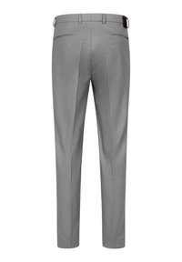 Graue, maßgeschneiderte Hose mit glatter Textur, geradem Schnitt, zwei Gesäßtaschen und einem Gürtelschlaufen-Detail. Klare Linien und minimalistische Akzente.